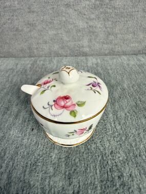 Vintage Hammersley Bone China Lidded Mustard Pot with Spoon Pink Rosebud Violet